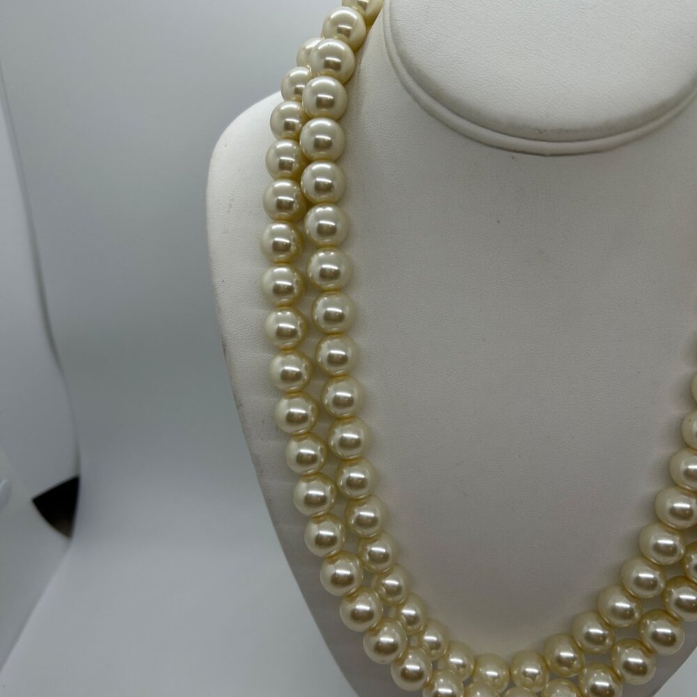 Vintage Faux Pearl Necklace Double Strand Creamy White Glass Beaded Choker 20 In - Picture 12 of 13